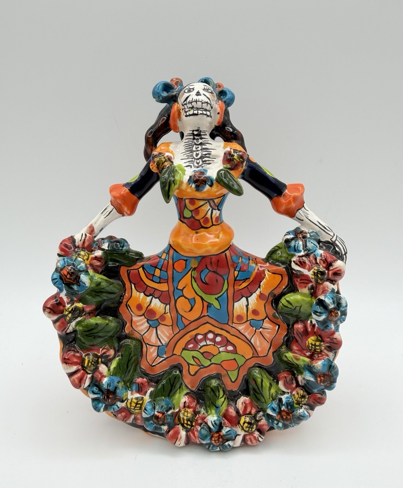 Talavera Dancing Catrina Figurine 7” Day of the Dead Sugar Skull Signed Mexico Talavera Dancing Catrina Figurine 7” Day of the Dead Sugar Skull Signed Mexico