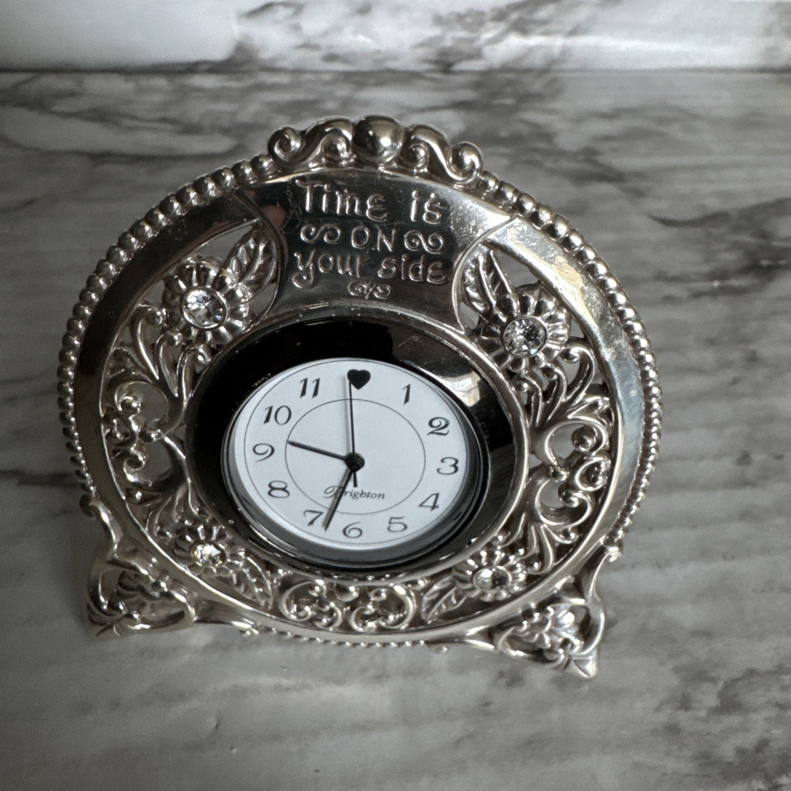 BRIGHTON TIME IS ON YOUR SIDE CLOCK SILVER TONE ORNATE FILIGREE W/ RHINESTONE BRIGHTON TIME IS ON YOUR SIDE CLOCK SILVER TONE ORNATE FILIGREE W/ RHINESTONE