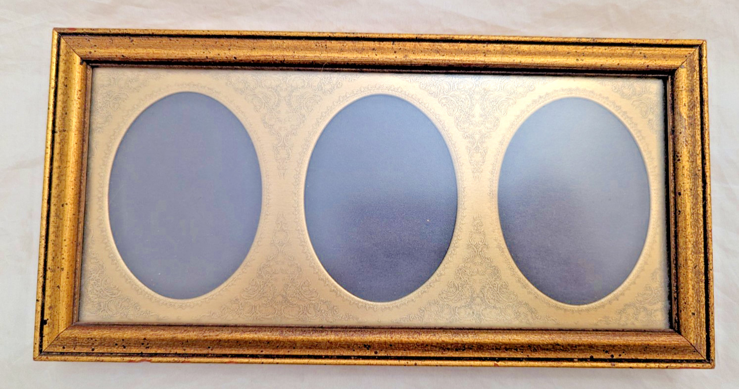 Vintage Gold Gilded Wood Hollywood Glam Triple 3 Oval Picture Frame rectangular