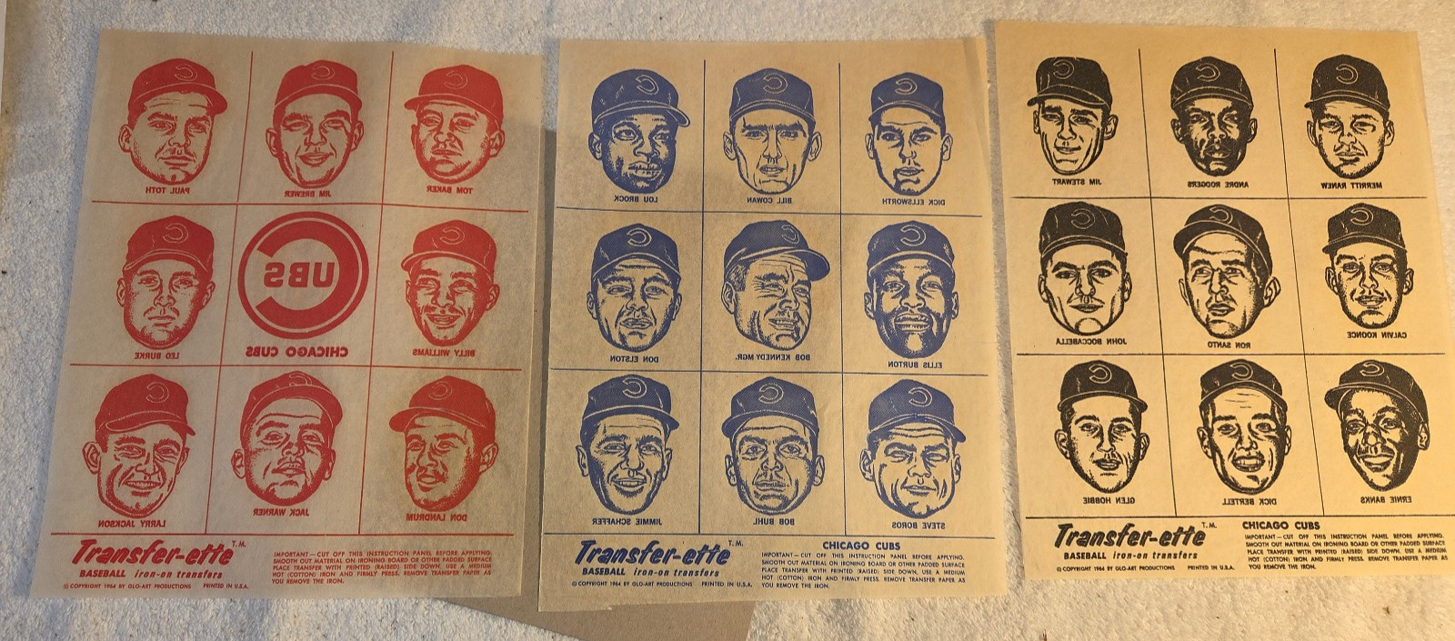 Vtg 1964 Chicago Cubs Transfer-ette Iron-on Transfers 3 Sheets Many HOF Players Vtg 1964 Chicago Cubs Transfer-ette Iron-on Transfers 3 Sheets Many HOF Players
