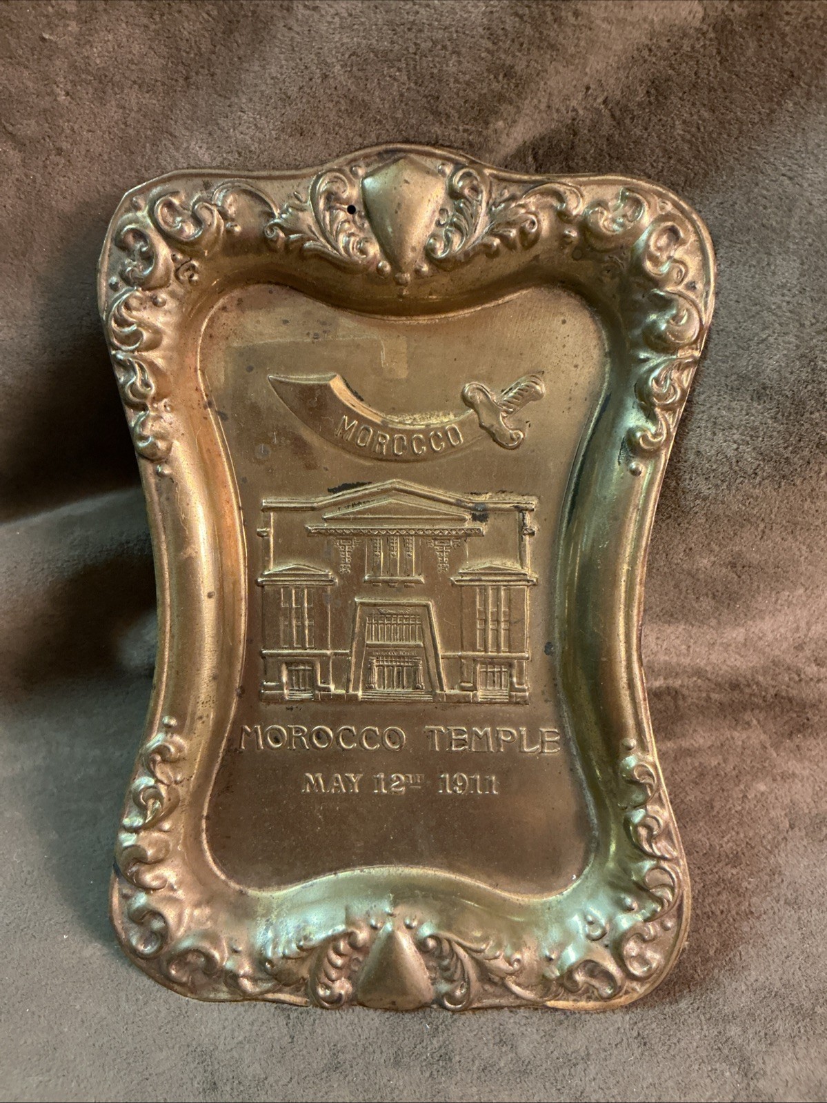 Vintage pressed brass souvenir Morocco temple Masonic Shriners Sm tray 1911 Vintage pressed brass souvenir Morocco temple Masonic Shriners Sm tray 1911
