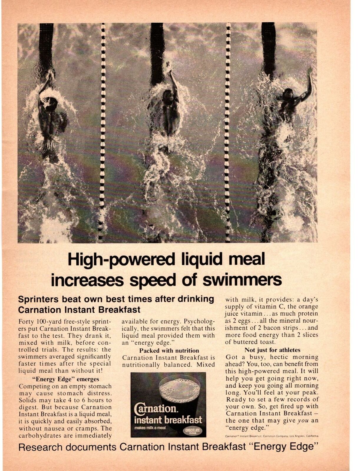 1968 Carnation Instant Breakfast Chocolate Flavor Swimmers Olympic Pool Print Ad