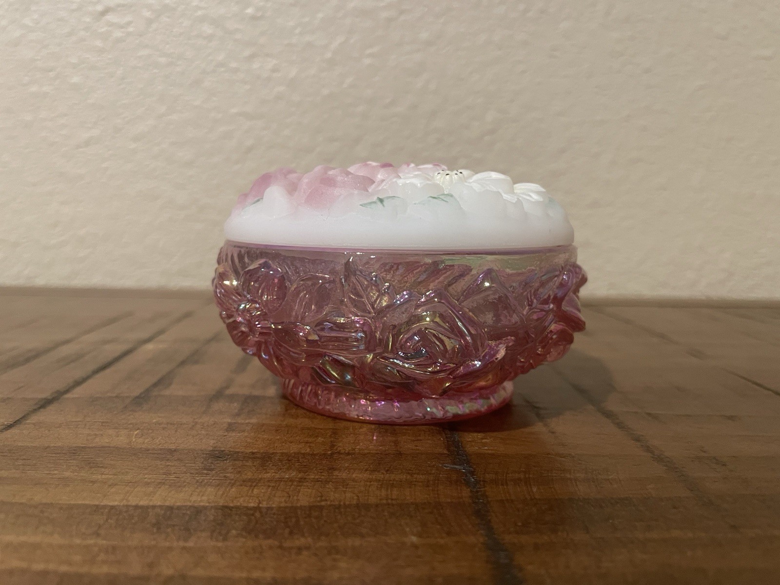 Vintage Hand Painted Fenton Pink Carnival Glass Powder Box *Signed, Sticker*