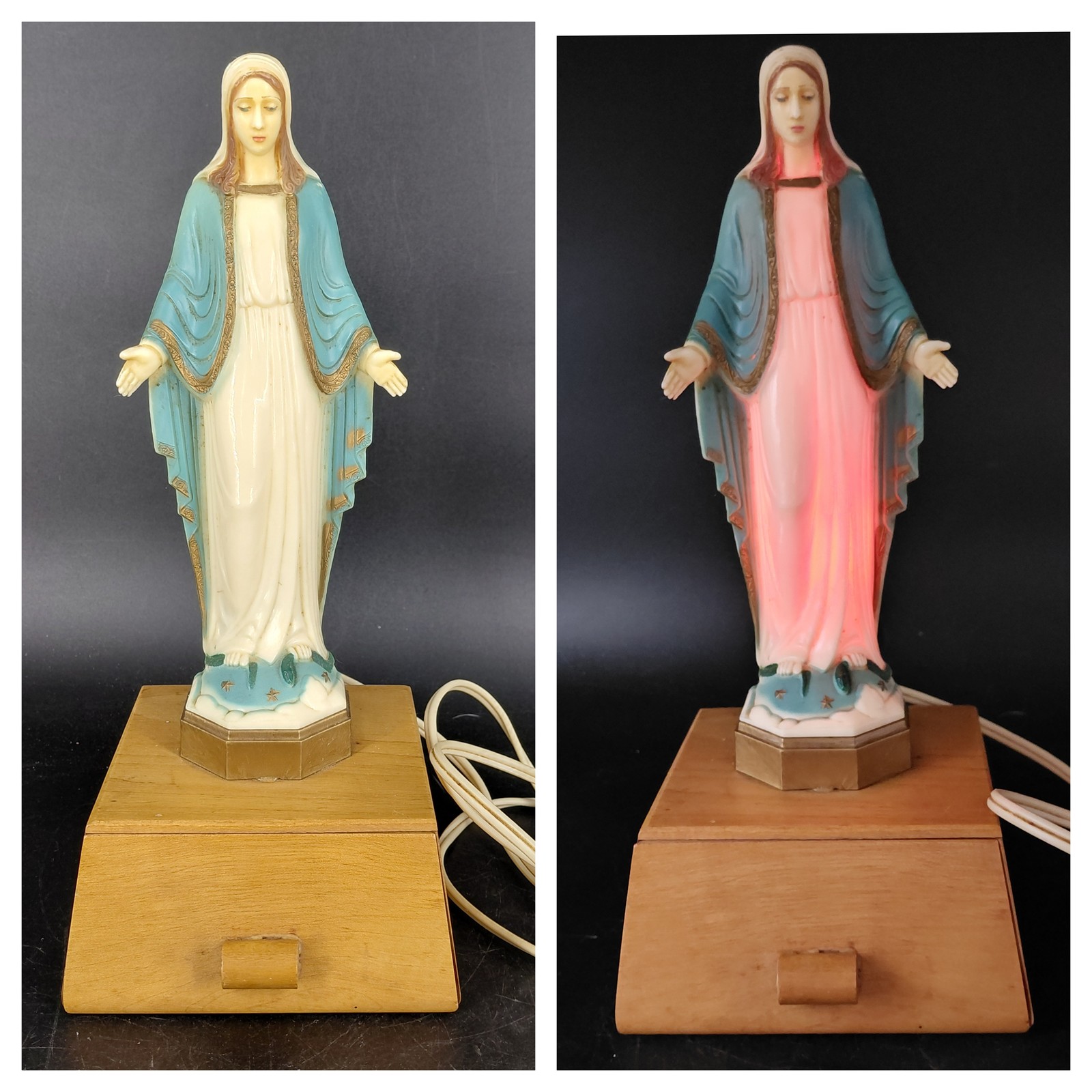 Vintage Virgin Mary Lighted Statue Wood Drawer Music Box Christian Madonna WORKS