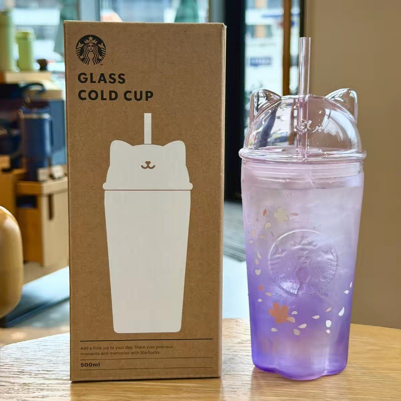 New Starbucks Korea 2026 Cherry Blossom Cat Glass Cold Cup 500ml Sakura Tumbler