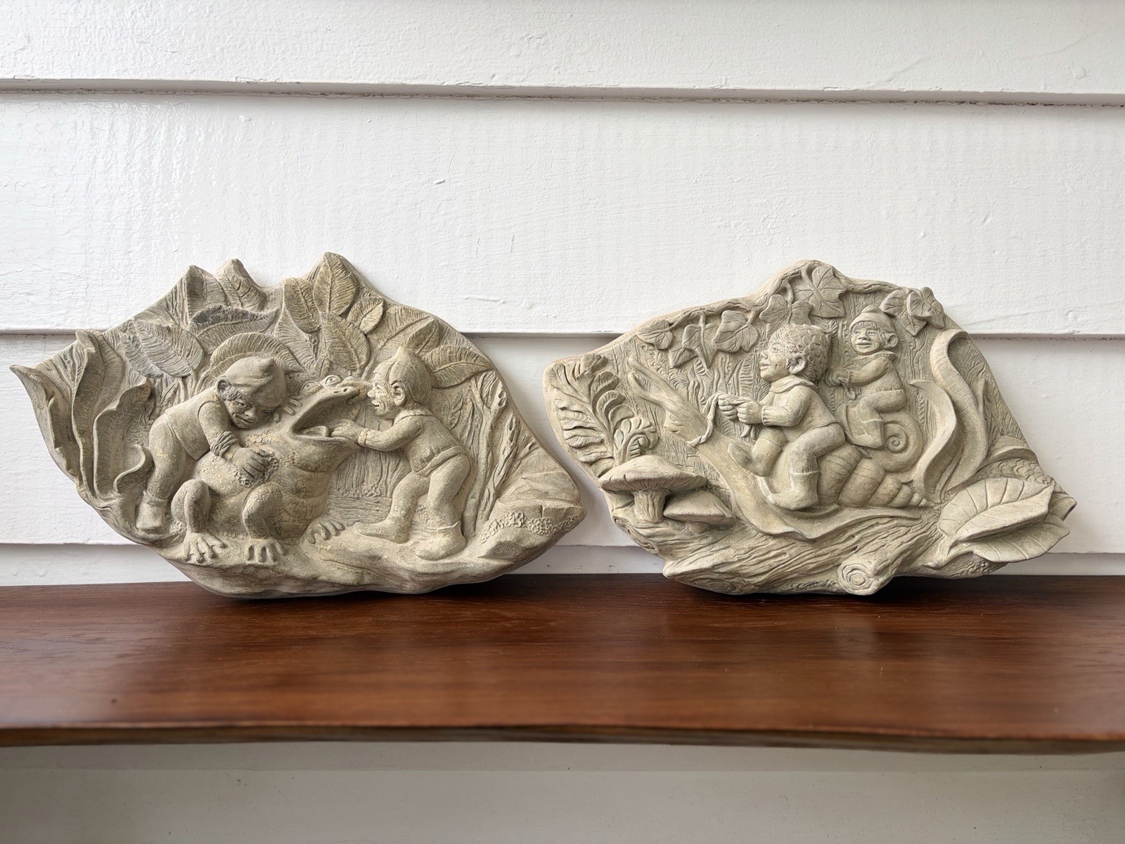 Vintage Cast Stone Folk Art Fantasy Bas Relief Wall Plaques Pair Signed Vintage Cast Stone Folk Art Fantasy Bas Relief Wall Plaques Pair Signed