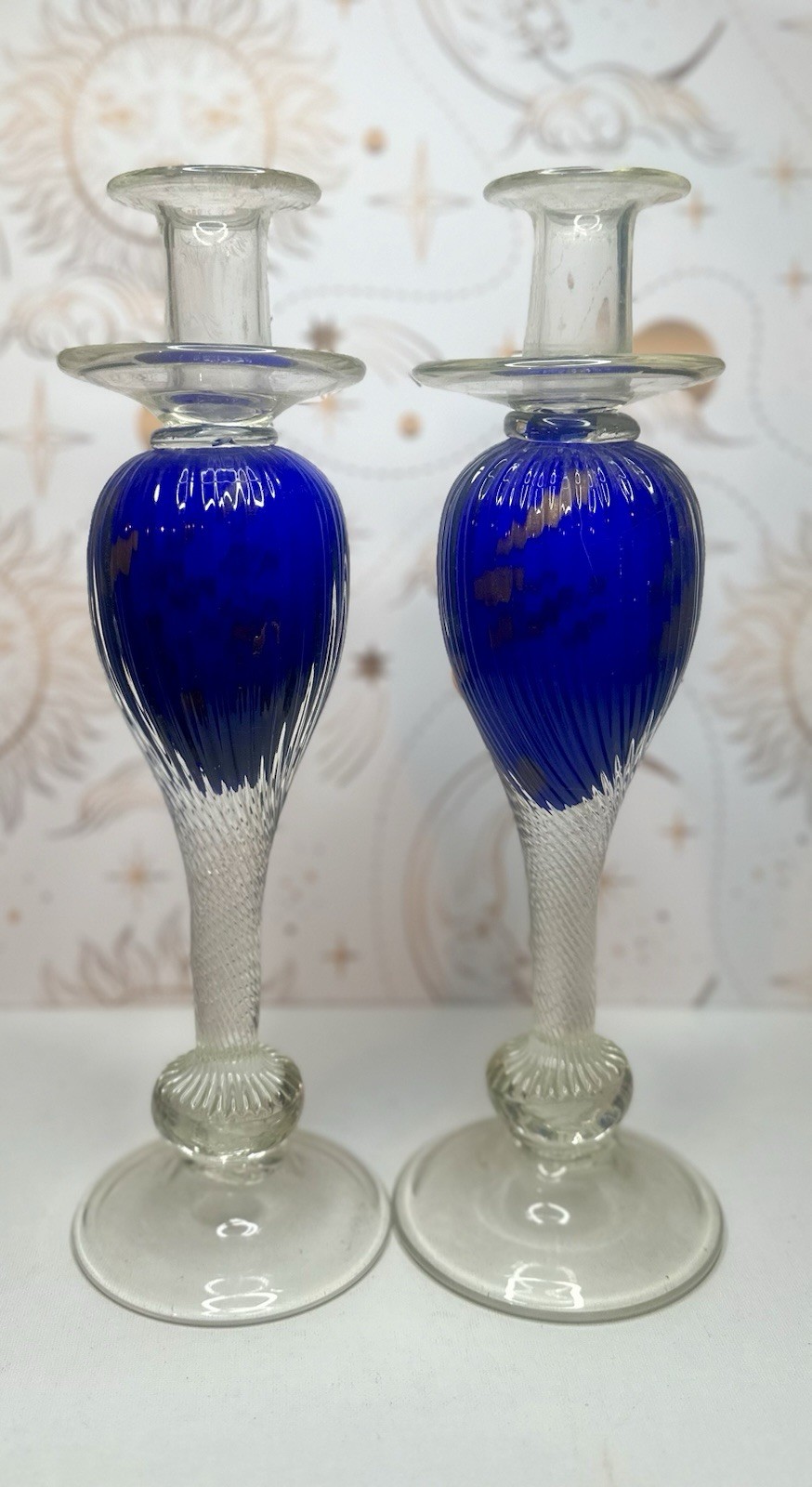 Pair Vincenzo Nason Murano Clear Glass Blue Gold Adventurine Candle Holder 14"f