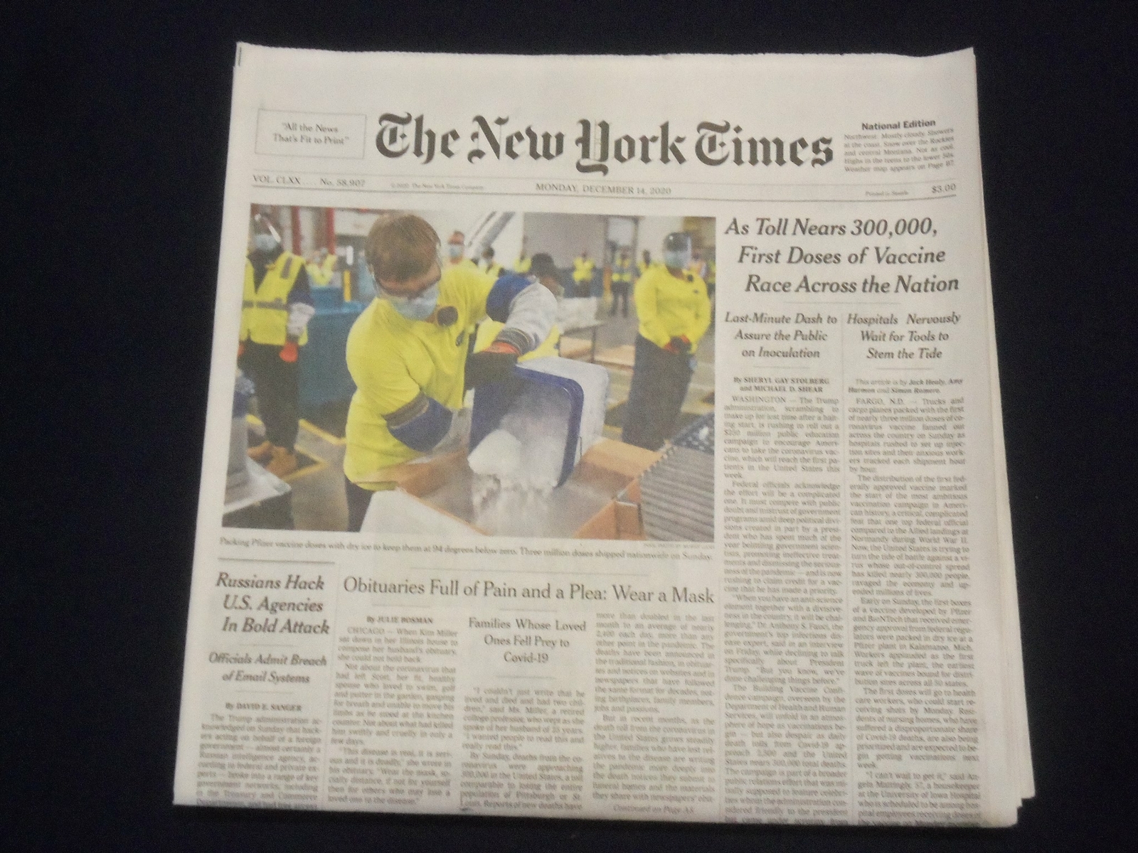 2020 DECEMBER 14 NEW YORK TIMES - NEAR 300,000 DEATHS, 1ST DOSES OF VACCINE SHIP