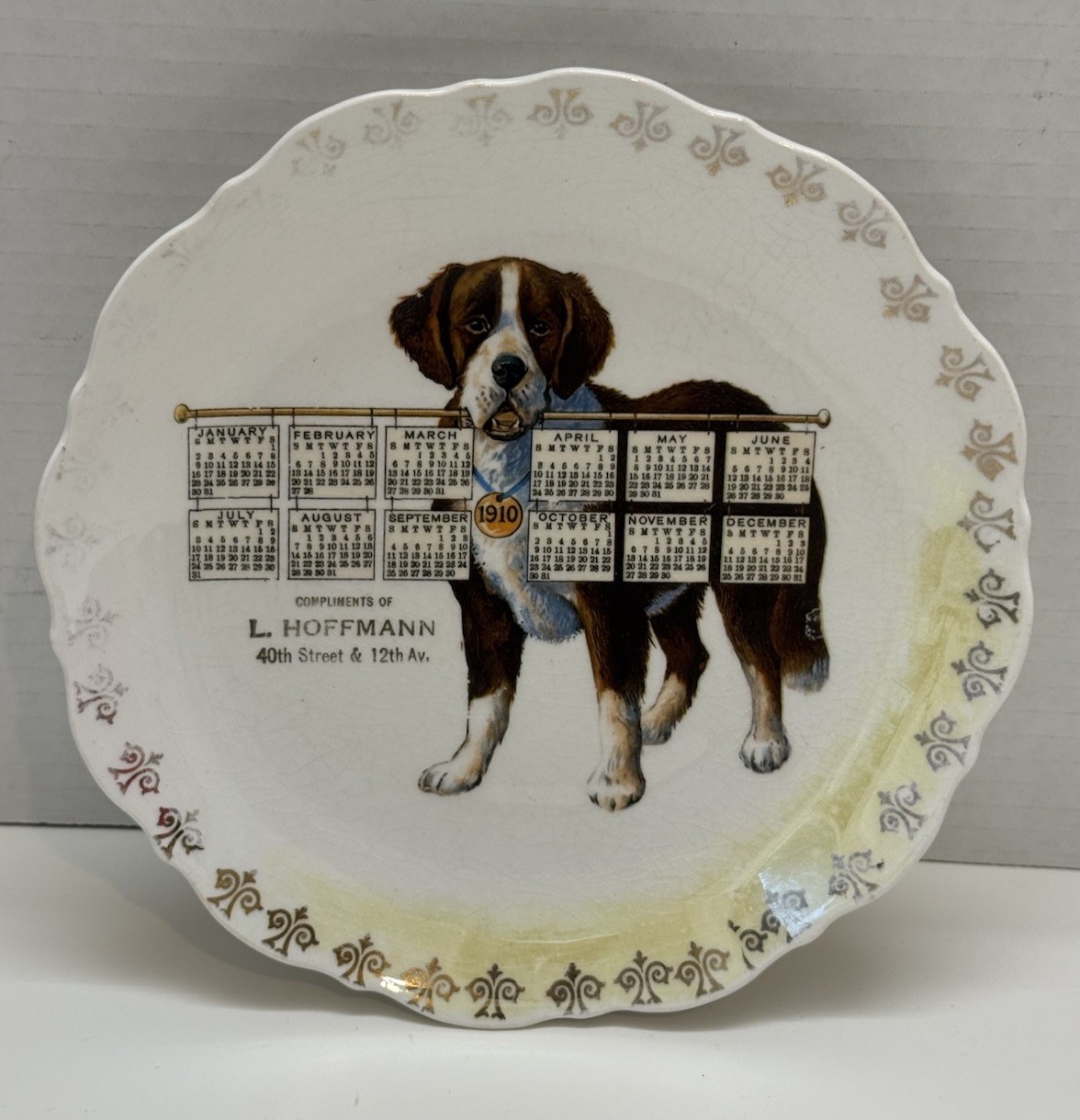 Antique 1910 Advertising Calendar Plate St Bernard Dog L Hoffmann New York