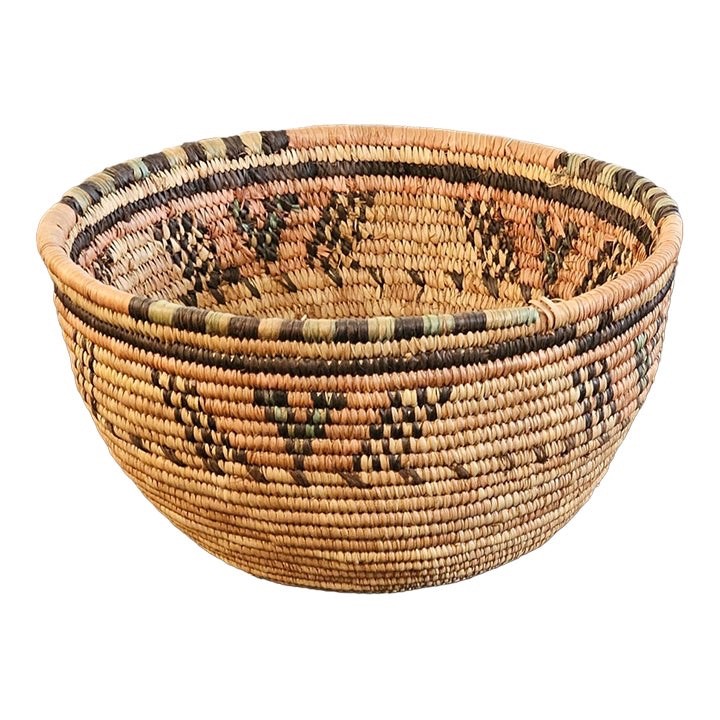 Vintage Native American Style Handwoven Coiled Basket With Geometric Design. Vintage Native American Style Handwoven Coiled Basket With Geometric Design.