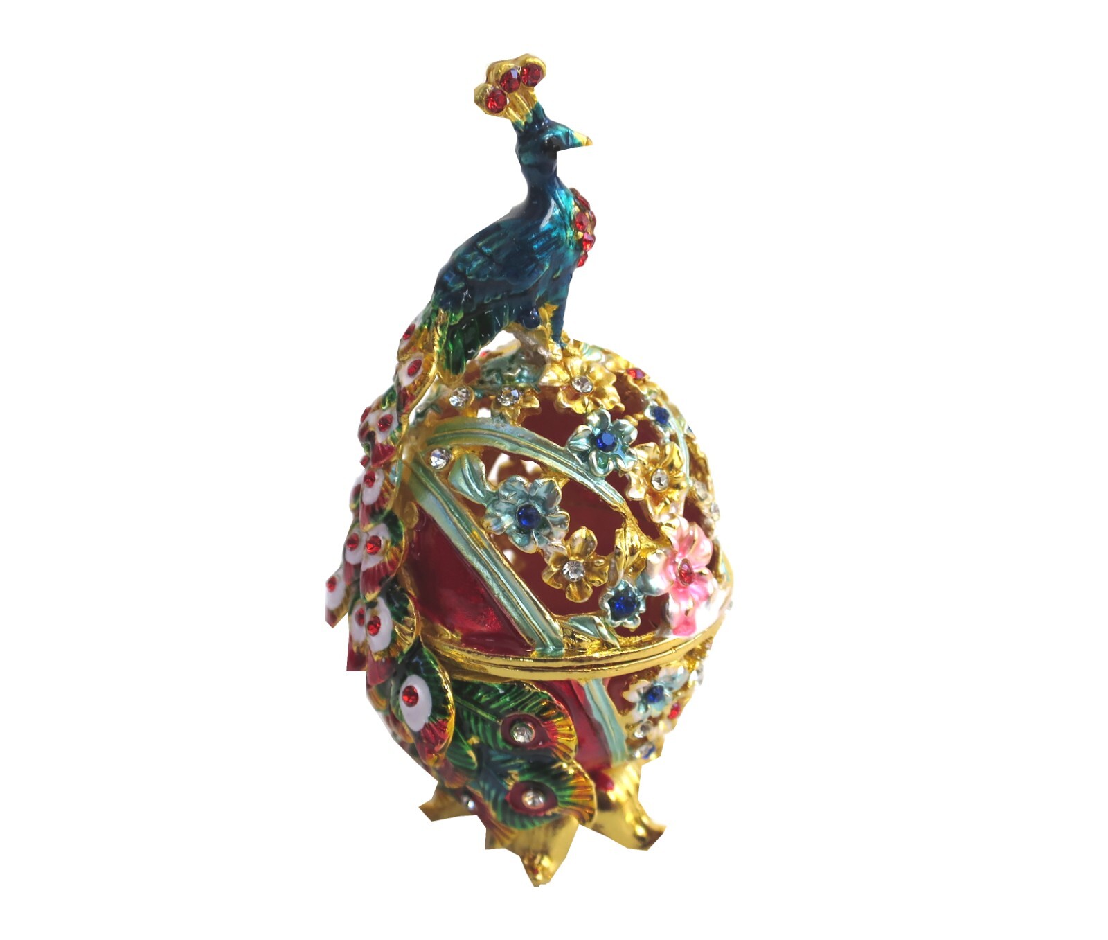 Bejeweled " Peacock on Faberge Egg " Hinged Metal Enamel trinket Box Bejeweled " Peacock on Faberge Egg " Hinged Metal Enamel trinket Box