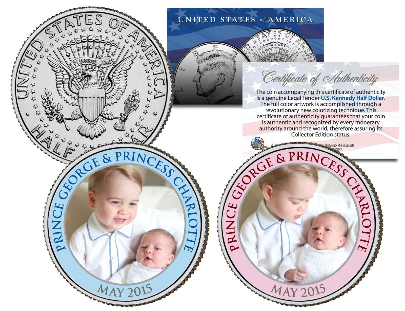 PRINCE GEORGE & PRINCESS CHARLOTTE Colorized 2015 JFK Half Dollar US 2-Coin Set
