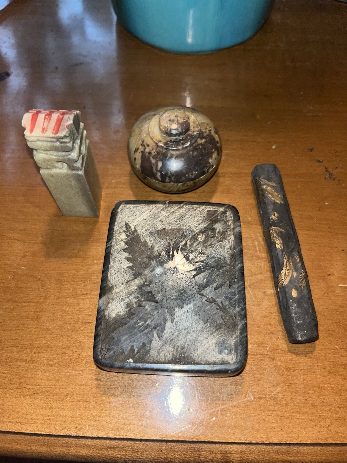 Vintage Chinese Calligraphy Scholars Set Ink Stone Ink Stick Soapstone Seal 4