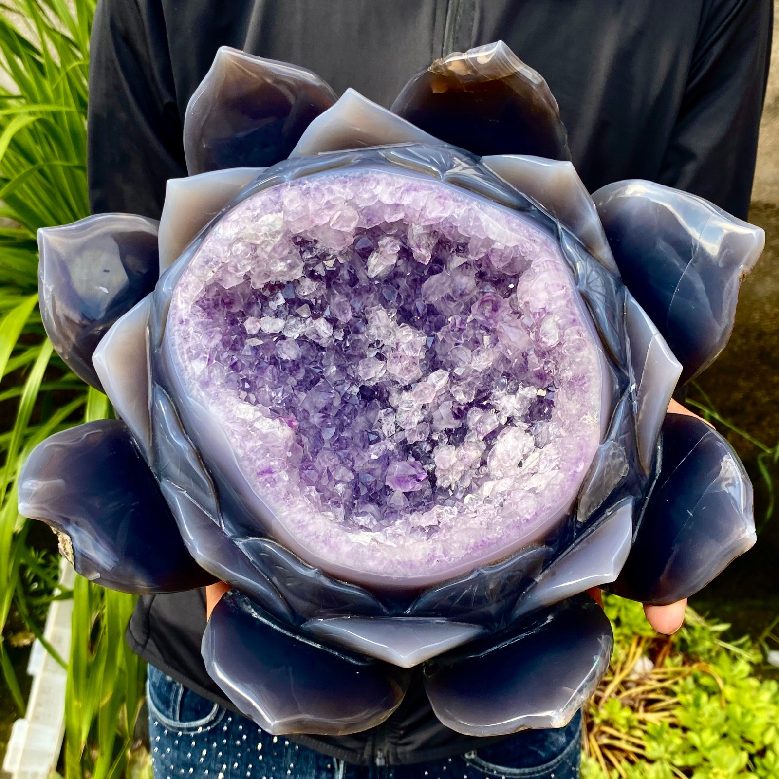 19.16LB Natural Agate Geode Carved Lotus Flower, Hand Carved Healing Crystal Hom 19.16LB Natural Agate Geode Carved Lotus Flower, Hand Carved Healing Crystal Hom