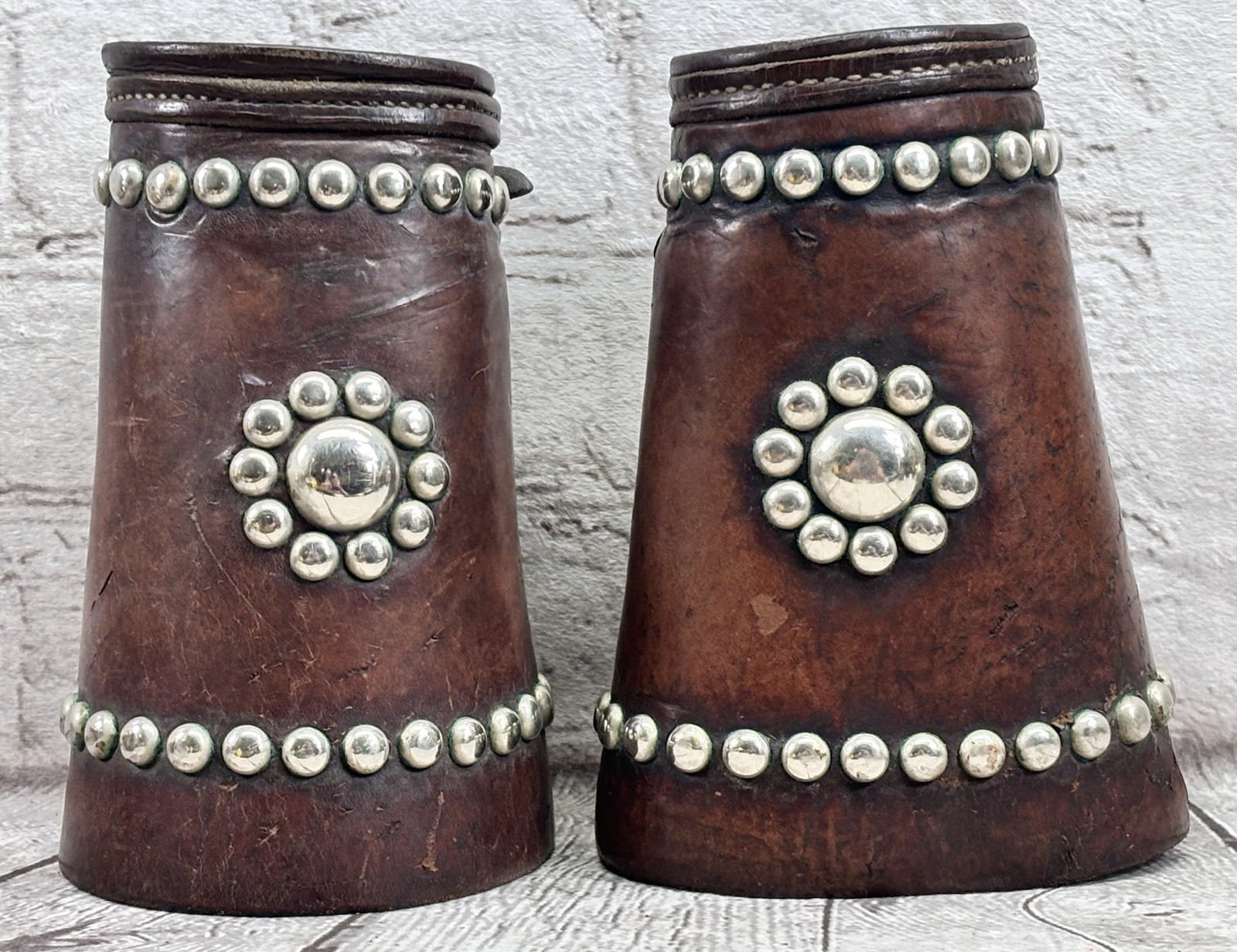Antique Tooled Leather Cowboy Cuffs Protective Gauntlets Nickel Studded Pair Antique Tooled Leather Cowboy Cuffs Protective Gauntlets Nickel Studded Pair