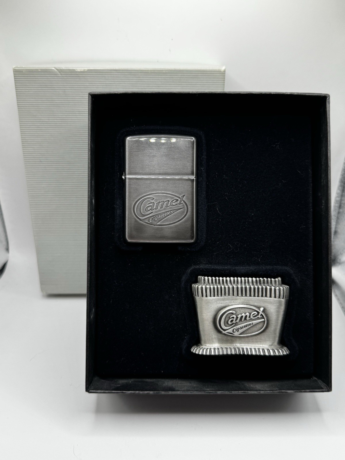 1997 Vintage Camel Zippo Lighter Midnight Chrome Finish Tabletop Set