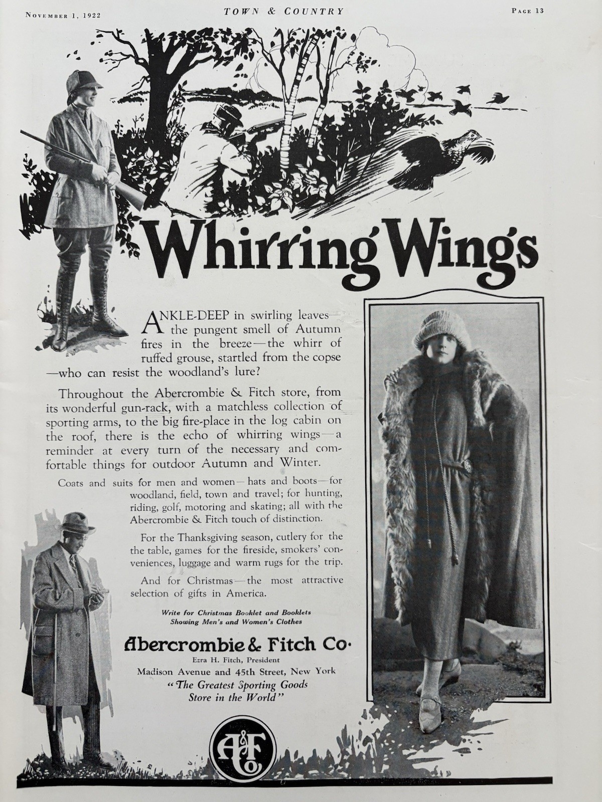 Abercrombie & Fitch Co. Original Vintage Magazine Ad Whirring Wings 1922