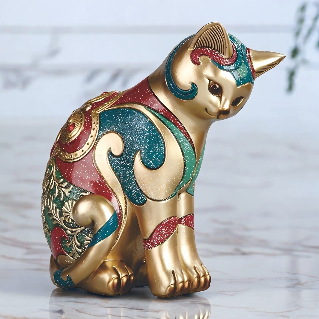 8"H Gold and Red Cat Figurine 8"H Gold and Red Cat Figurine