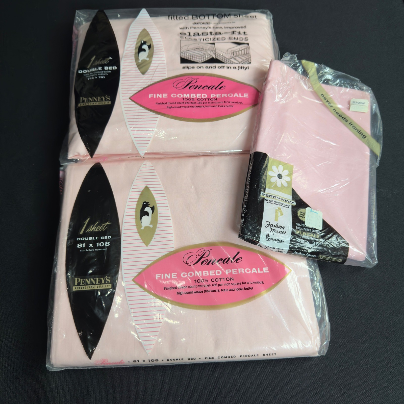 VTG JC Penney Pink Cotton Percale Double Bed Sheet Set & 1 Pillow Case Deadstock