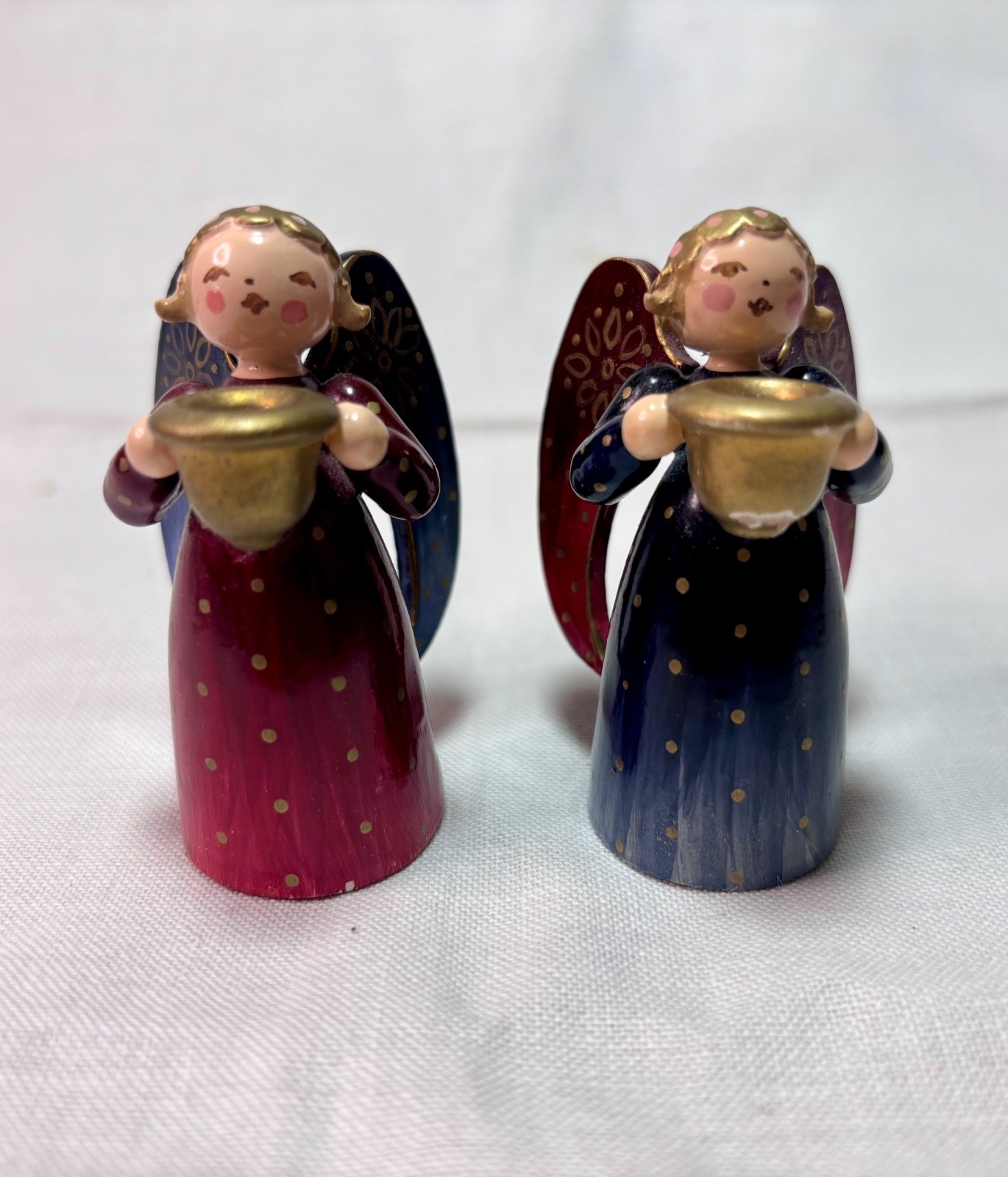 2 Erzgebirge Angel 2 in" Hand Paint Wood Candle Holders-Wendt & Kuhn GDR Germany 2 Erzgebirge Angel 2 in" Hand Paint Wood Candle Holders-Wendt & Kuhn GDR Germany