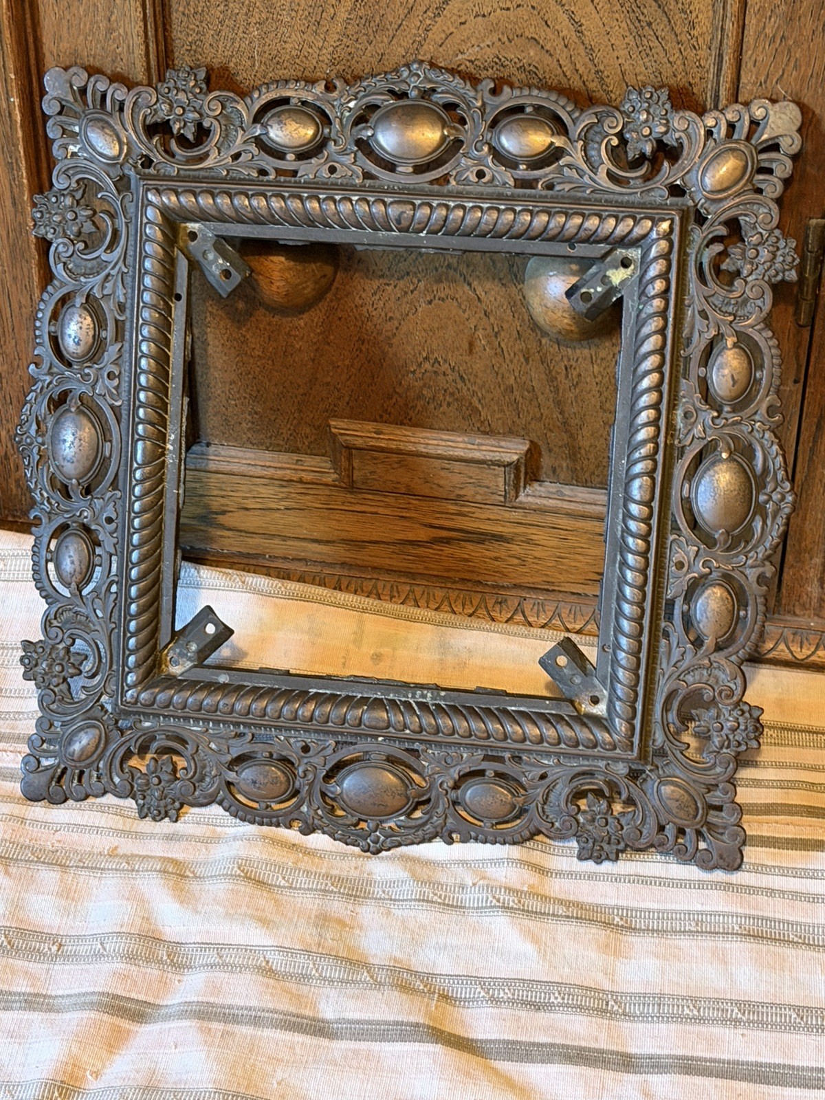 Antique Ornate Heavy Cast Iron Picture Frame With Raised Oval Cabochons 14 X 14 Antique Ornate Heavy Cast Iron Picture Frame With Raised Oval Cabochons 14 X 14