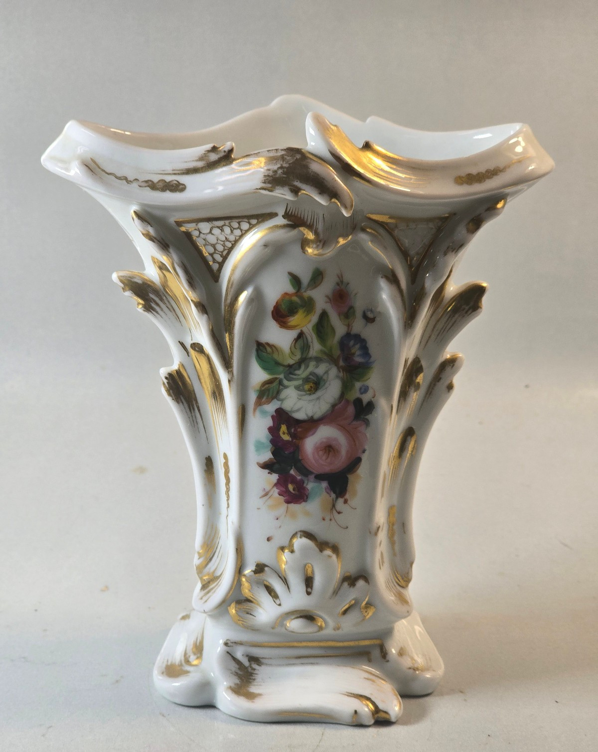 Antique Continental Porcelain Rococo Spill Vase Hand Painted Floral Gold Gilt