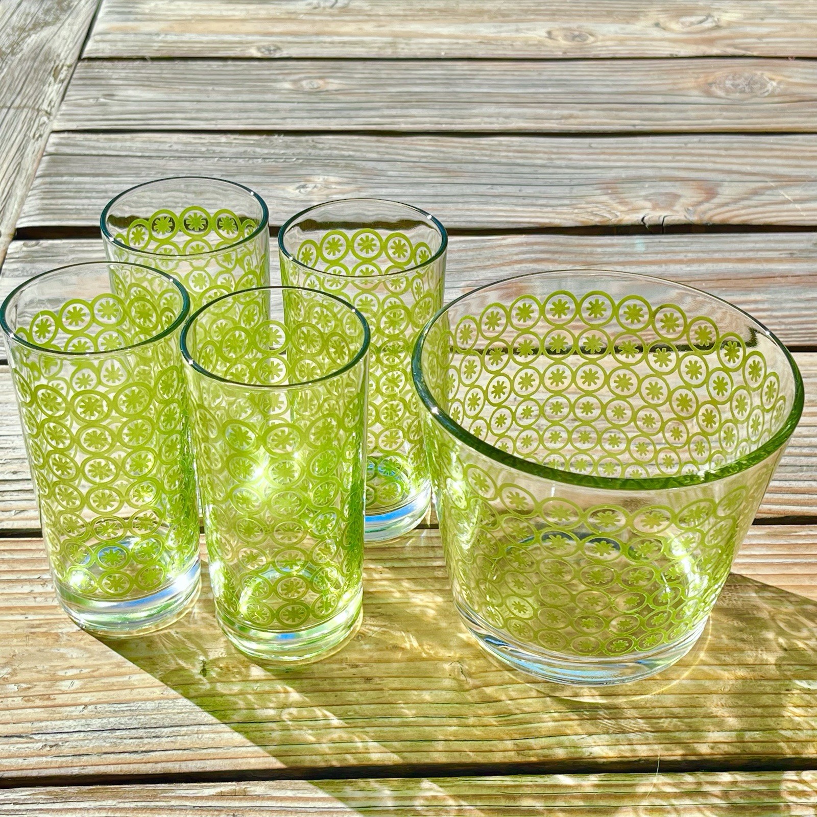 Vintage MCM Atomic Starburst Asterisk Highball Cocktail Glasses W/ Ice Bucket
