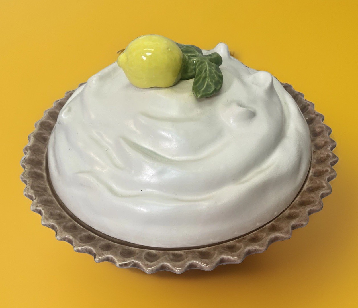 Vintage Lemon Meringue Pie Ceramic Covered Dish Keeper Plate Realistic 2 Pc MCM