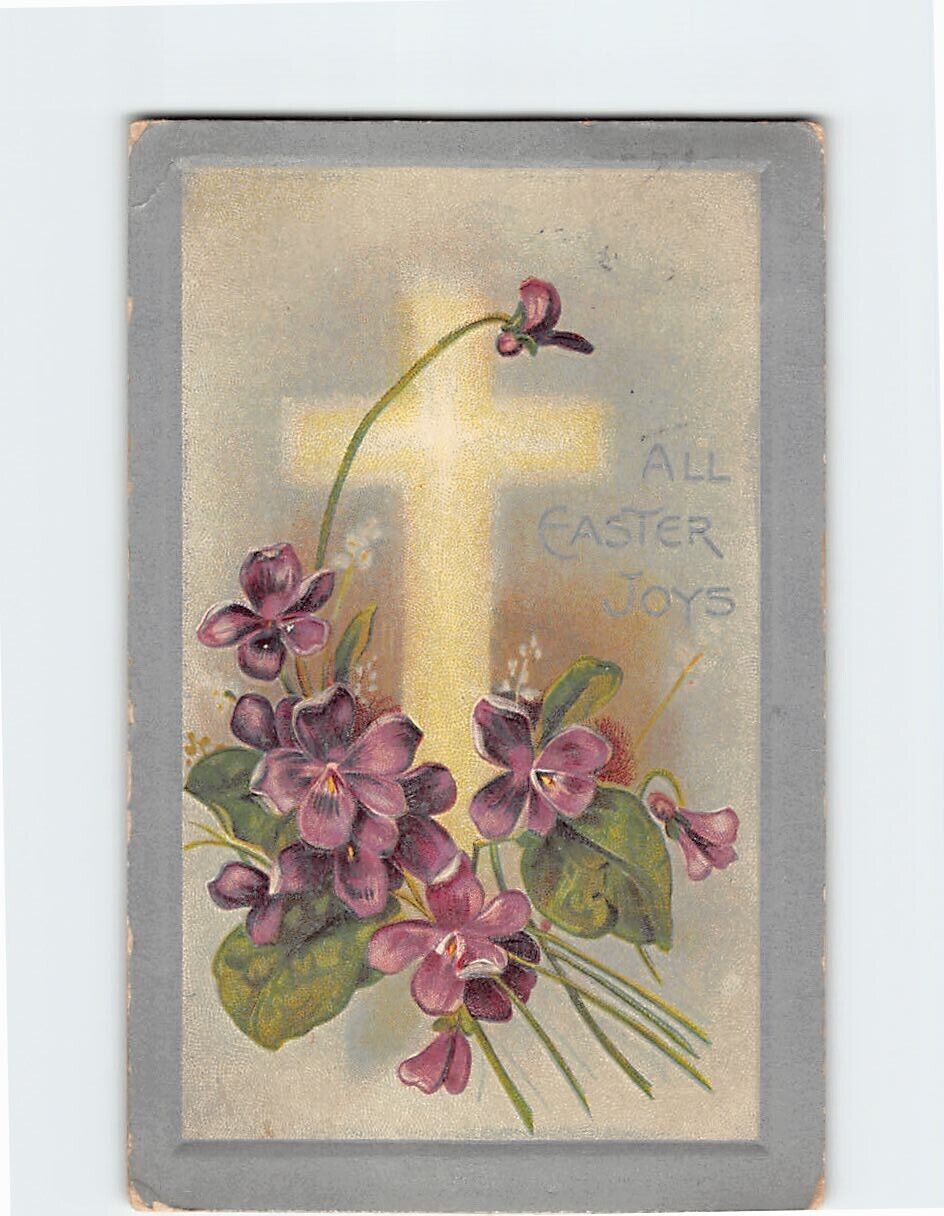 Postcard All Easter Joys Cross & Flower Art Print Embossed Card
