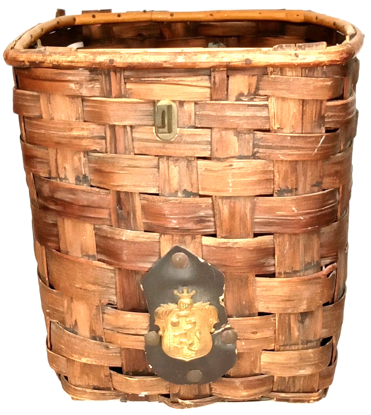 Antique 1940s 10 Inch Wicker Basket With Metal Griffin Crest Antique 1940s 10 Inch Wicker Basket With Metal Griffin Crest
