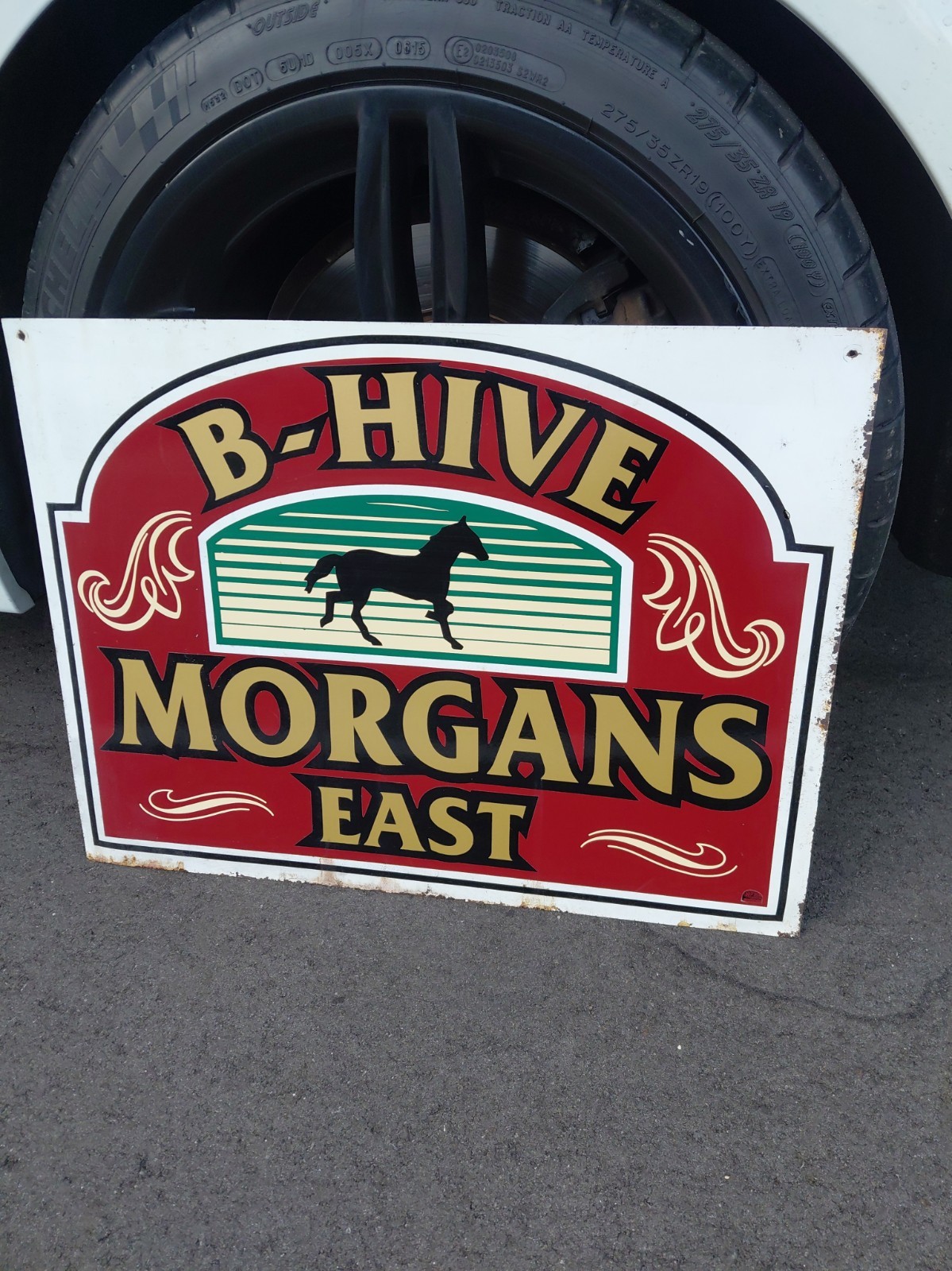 c.1980s Original Vintage Morgans B-Hive Horse Farm Sign Metal Michigan Detroit 
