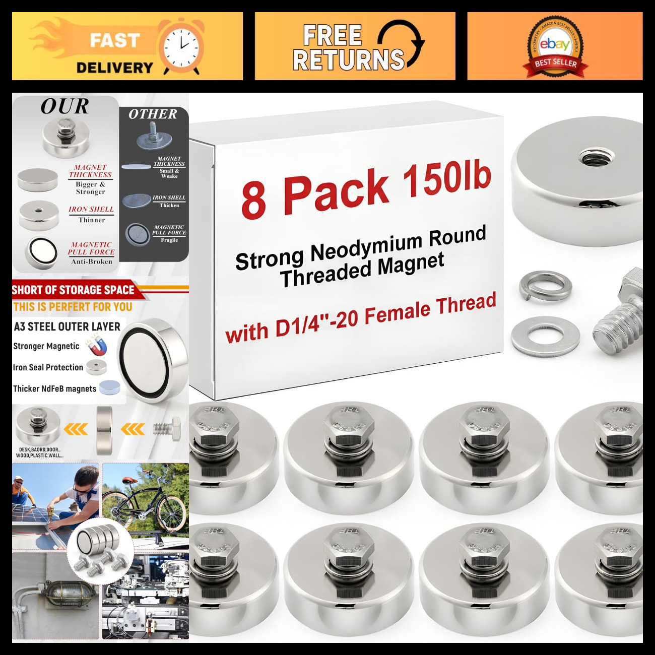8 Pack Strong Round Threaded Magnet, 1.65 Inch, Primary Color