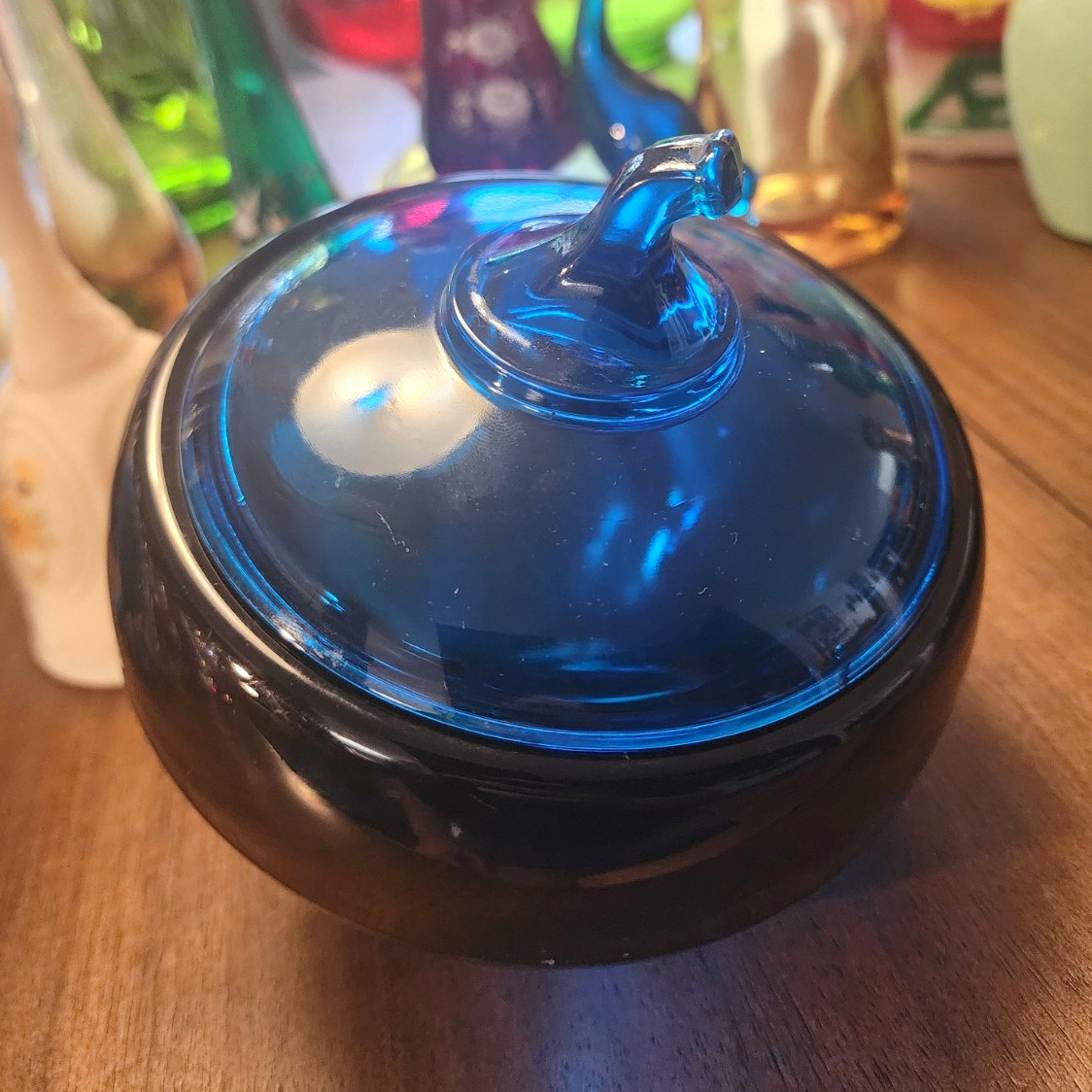HTF Vintage 6" Viking Glass Bluenique Blue Orbital Sphere Lidded Candy Jar MCM HTF Vintage 6" Viking Glass Bluenique Blue Orbital Sphere Lidded Candy Jar MCM