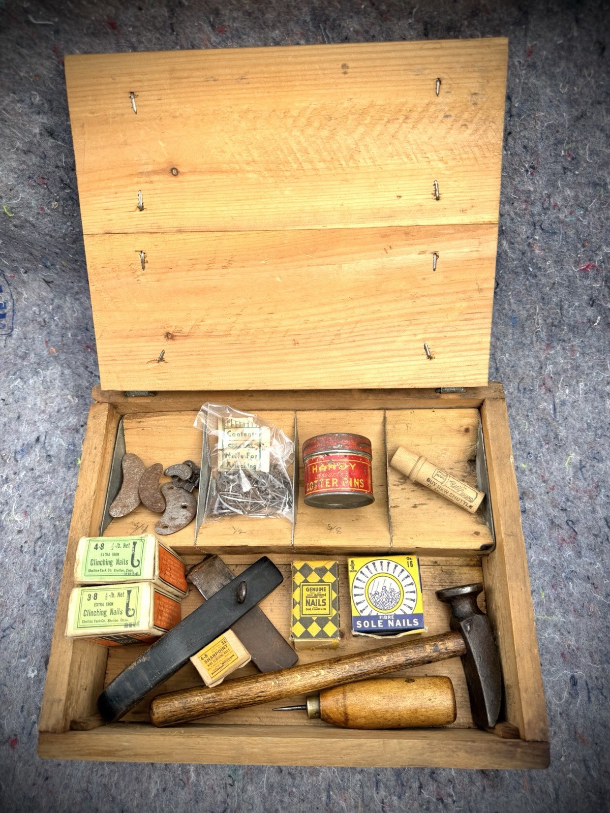 Vintage antique cobbler shoemaker’s repair handmade wood box, tools, tack nails Vintage antique cobbler shoemaker’s repair handmade wood box, tools, tack nails
