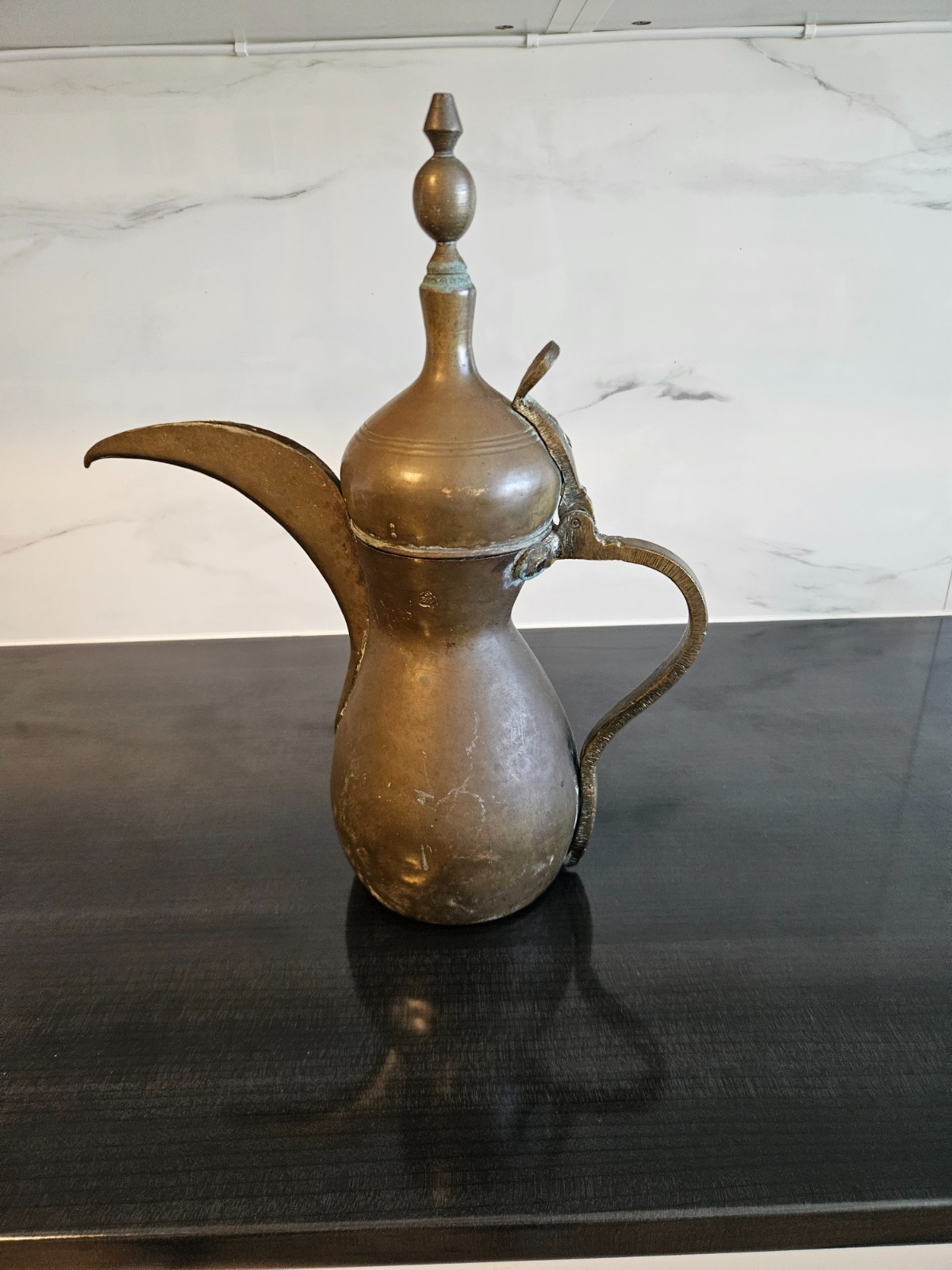 Rare Collectible Antique Arabic Brass Dallah Stamped by Master Craftsman Raslan Rare Collectible Antique Arabic Brass Dallah Stamped by Master Craftsman Raslan