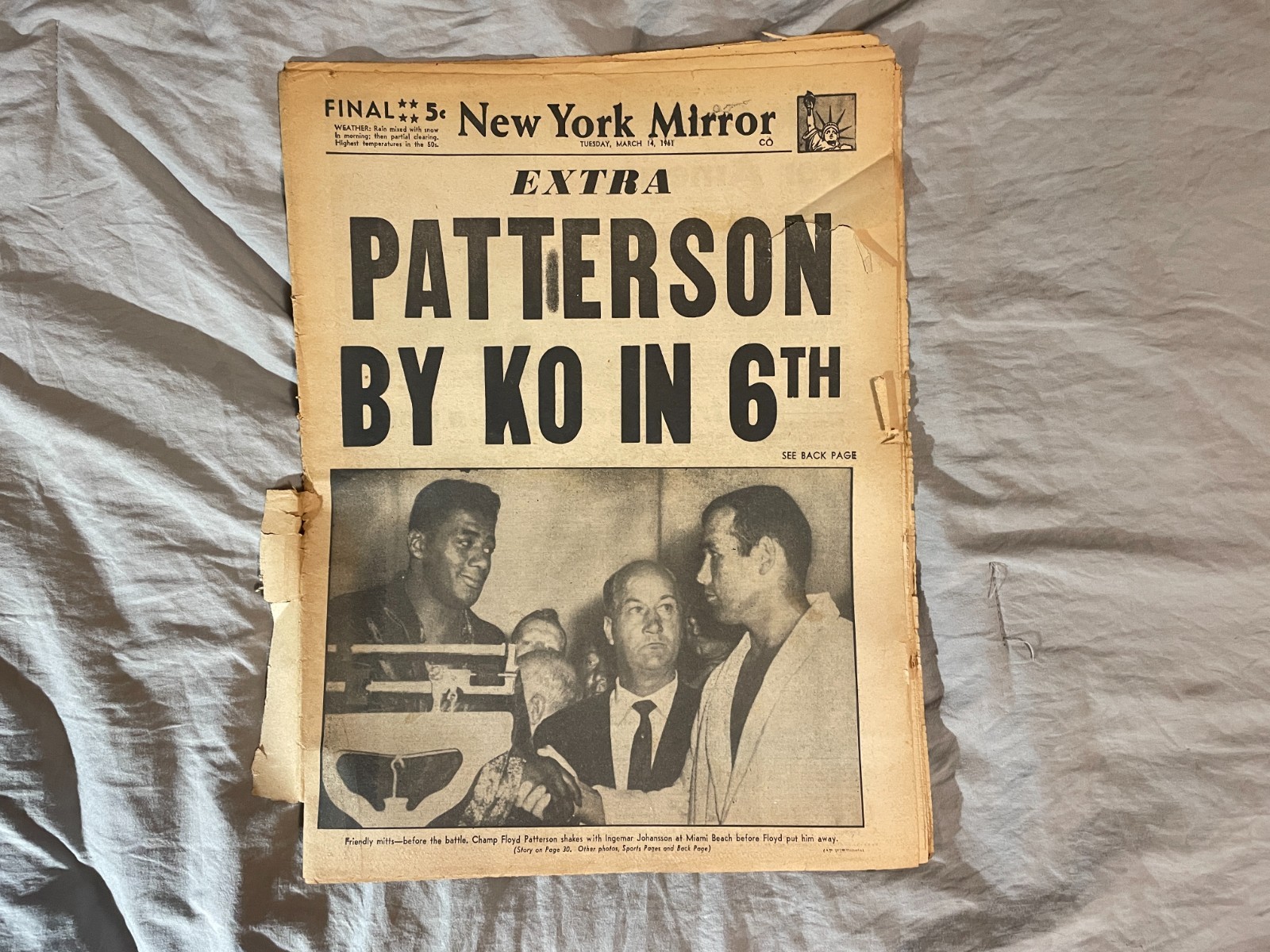New York Daily Mirror Newspaper March 14 1961 Floyd Patterson KO Boxing New York Daily Mirror Newspaper March 14 1961 Floyd Patterson KO Boxing