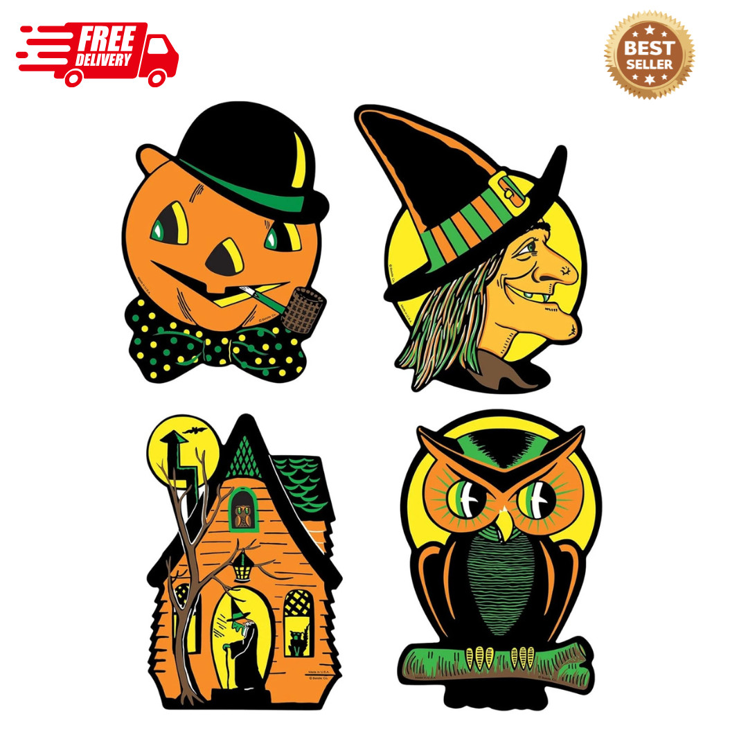 Vintage Halloween Cutouts 4-Count – Double-Sided Decorations with Retro Witch, P Vintage Halloween Cutouts 4-Count – Double-Sided Decorations with Retro Witch, P