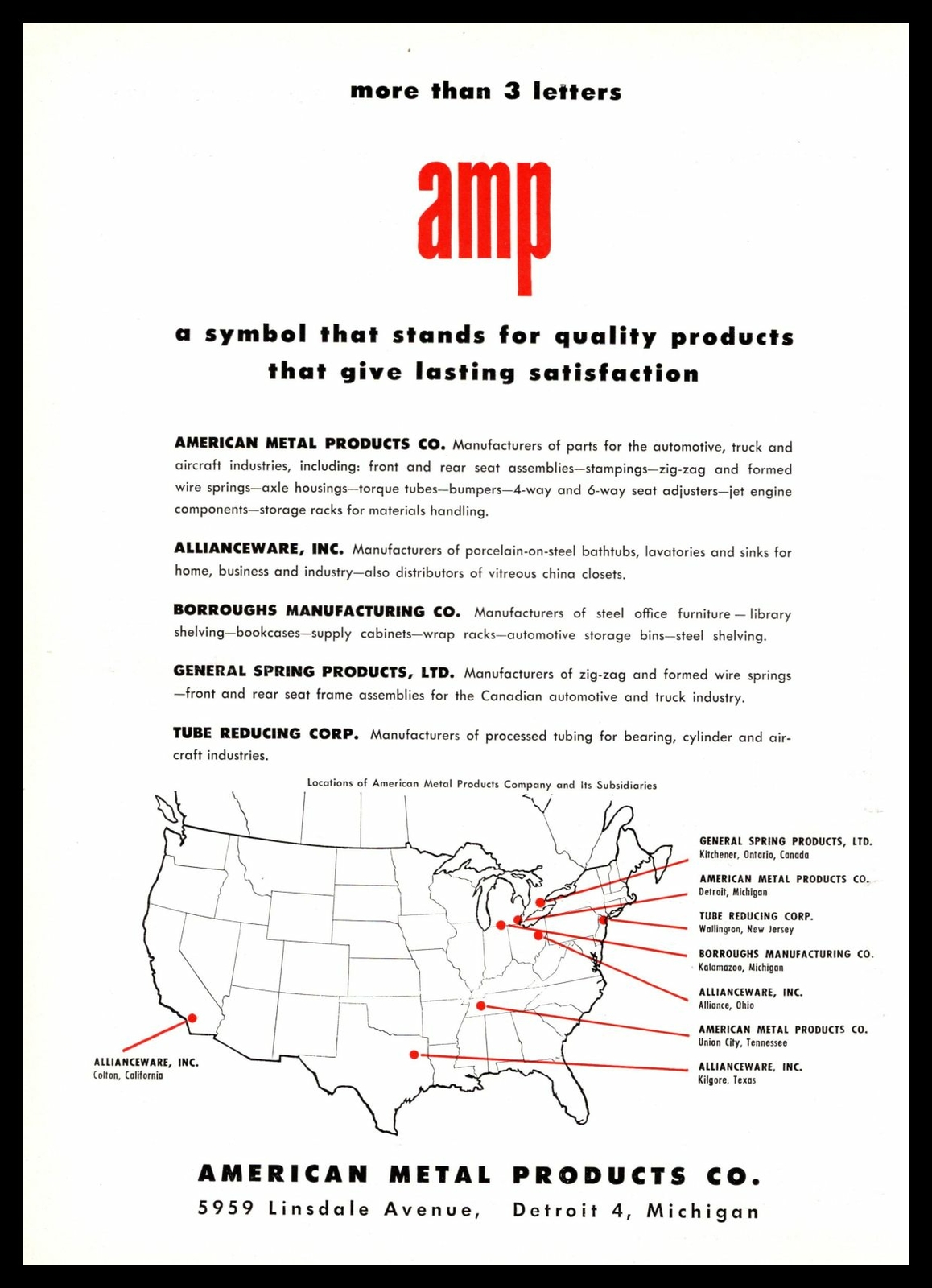 1957 AMP Allianceware Alliance Ohio Colton California Kilgore Texas Print Ad