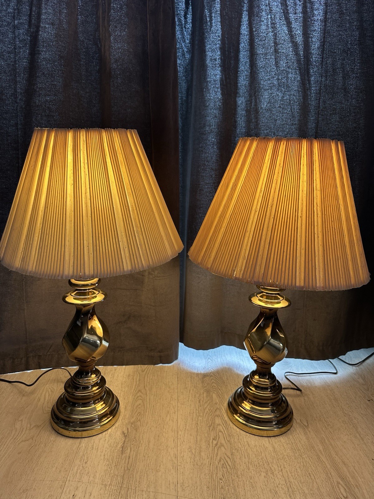 Pair Vintage 28” Brass Table Lamps Twisted Spiral Column Pleated Shades Working Pair Vintage 28” Brass Table Lamps Twisted Spiral Column Pleated Shades Working