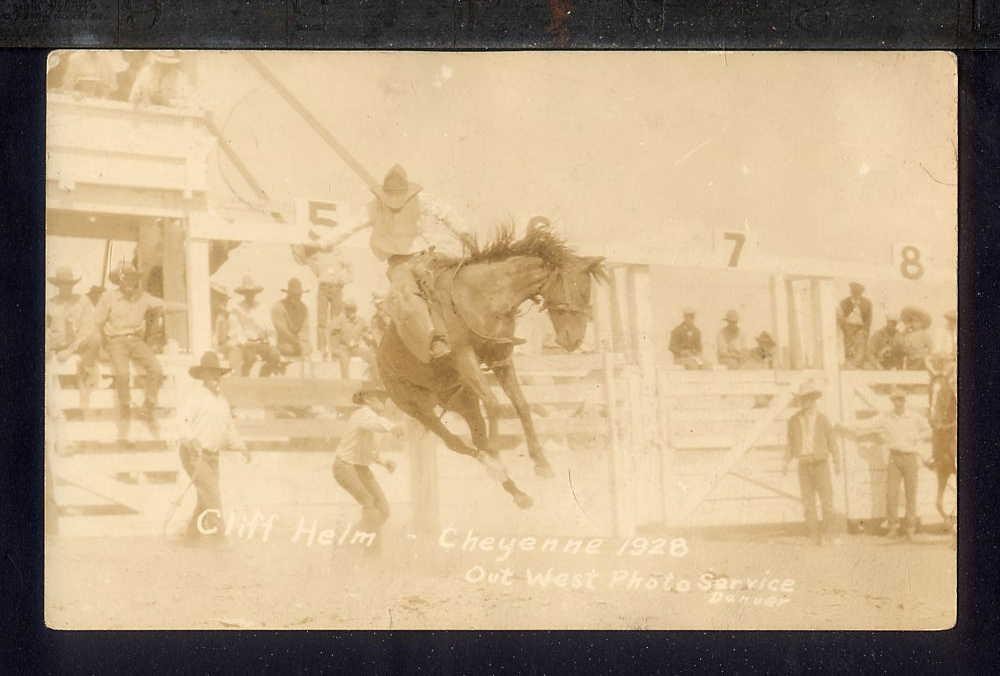 1928 Rodeo Cheyenne WY BRONCO BUSTING Real Photo Postcard RPPC Cliff Helm Cowboy 1928 Rodeo Cheyenne WY BRONCO BUSTING Real Photo Postcard RPPC Cliff Helm Cowboy