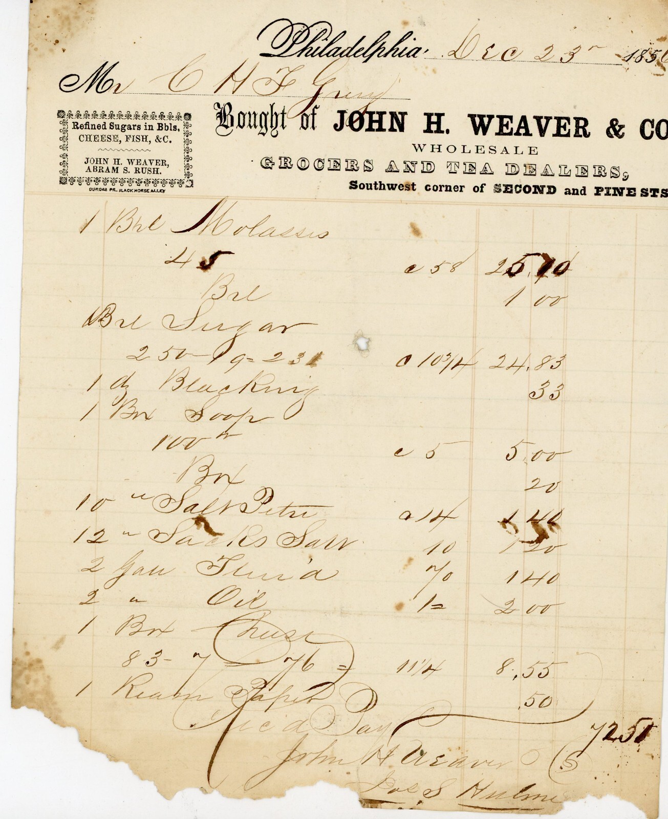 1855 Philadelphia Wholesale Grocer Invoice John H Weaver & Co Molasses Sugar Tea 1855 Philadelphia Wholesale Grocer Invoice John H Weaver & Co Molasses Sugar Tea