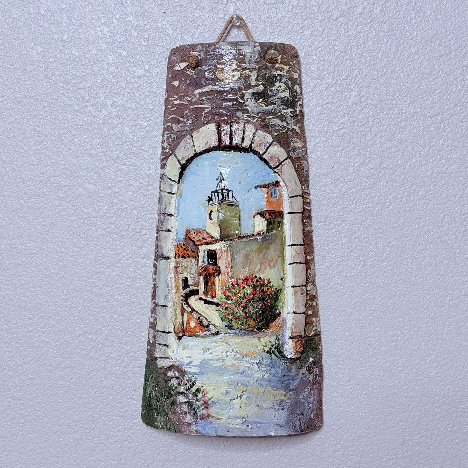 VTG Hand Painted Terracotta Roof Tile Wall Plaque Mediterranean Village 12in