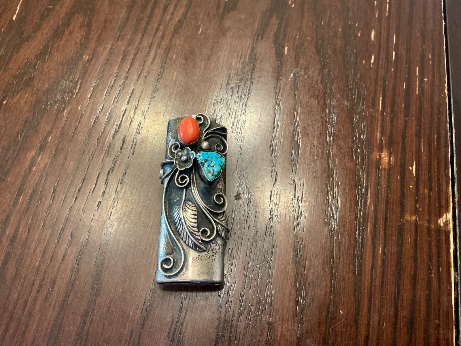 Vintage Sterling Silver Native American Turquoise Coral BIC lighter case cover Vintage Sterling Silver Native American Turquoise Coral BIC lighter case cover