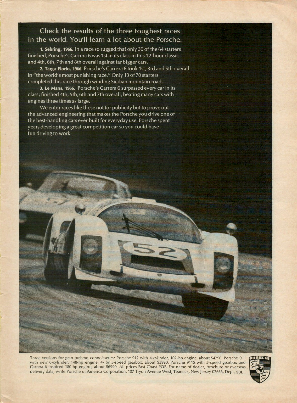 1967 Porsche Carrera 6 Sebring Targa Florio Le Mans 912 911 VINTAGE PRINT AD