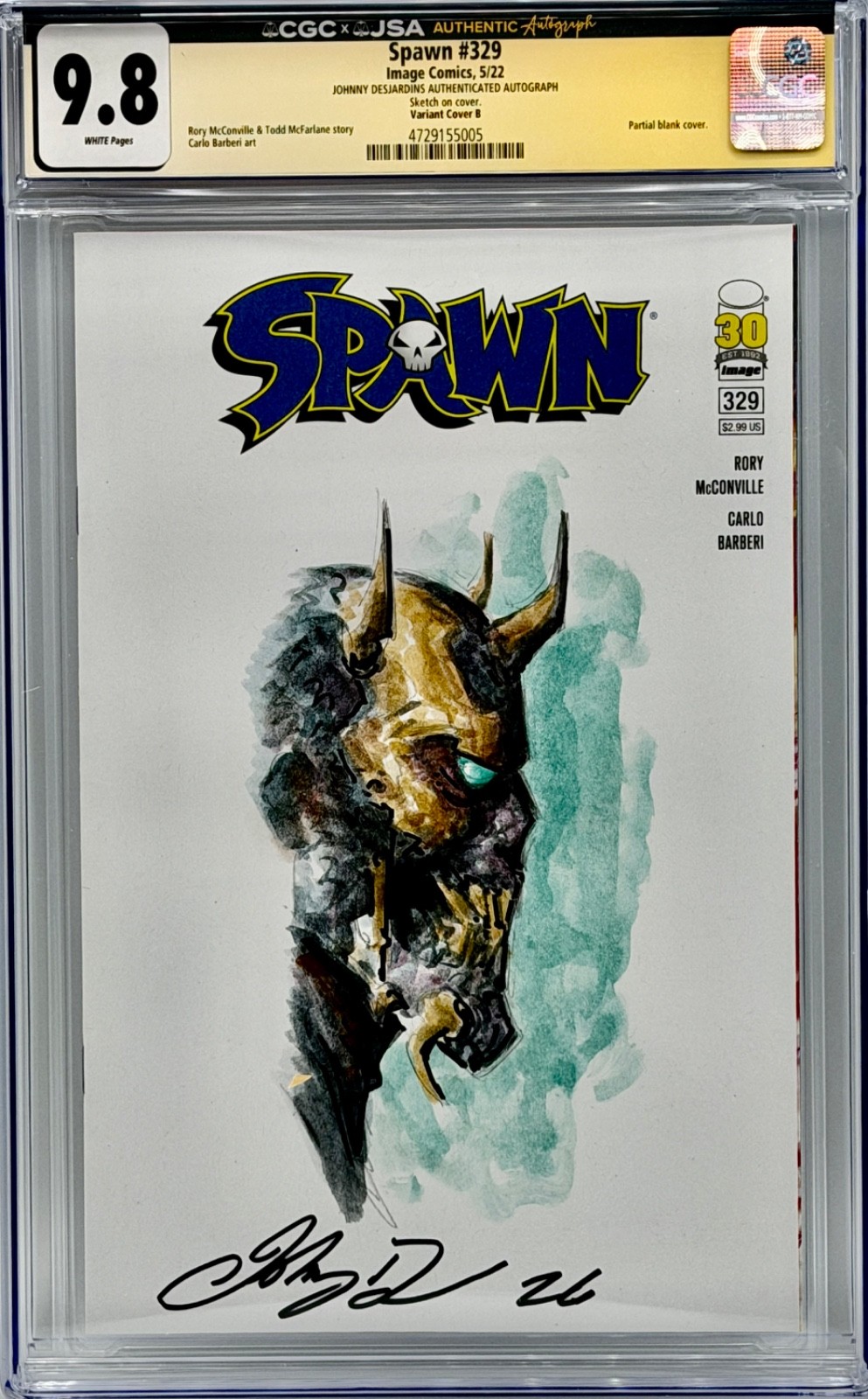 Spawn 329 Johnny Desjardins 1 of 1 ORIGINAL ART Sketch Cover CGC x JSA 9.8