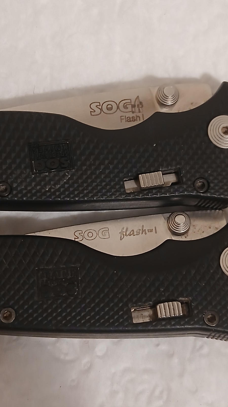 Lot Of 2 Vintage SOG "Flash 1" Pocket Knifes, with Rare" Flash 1" Earlier Model