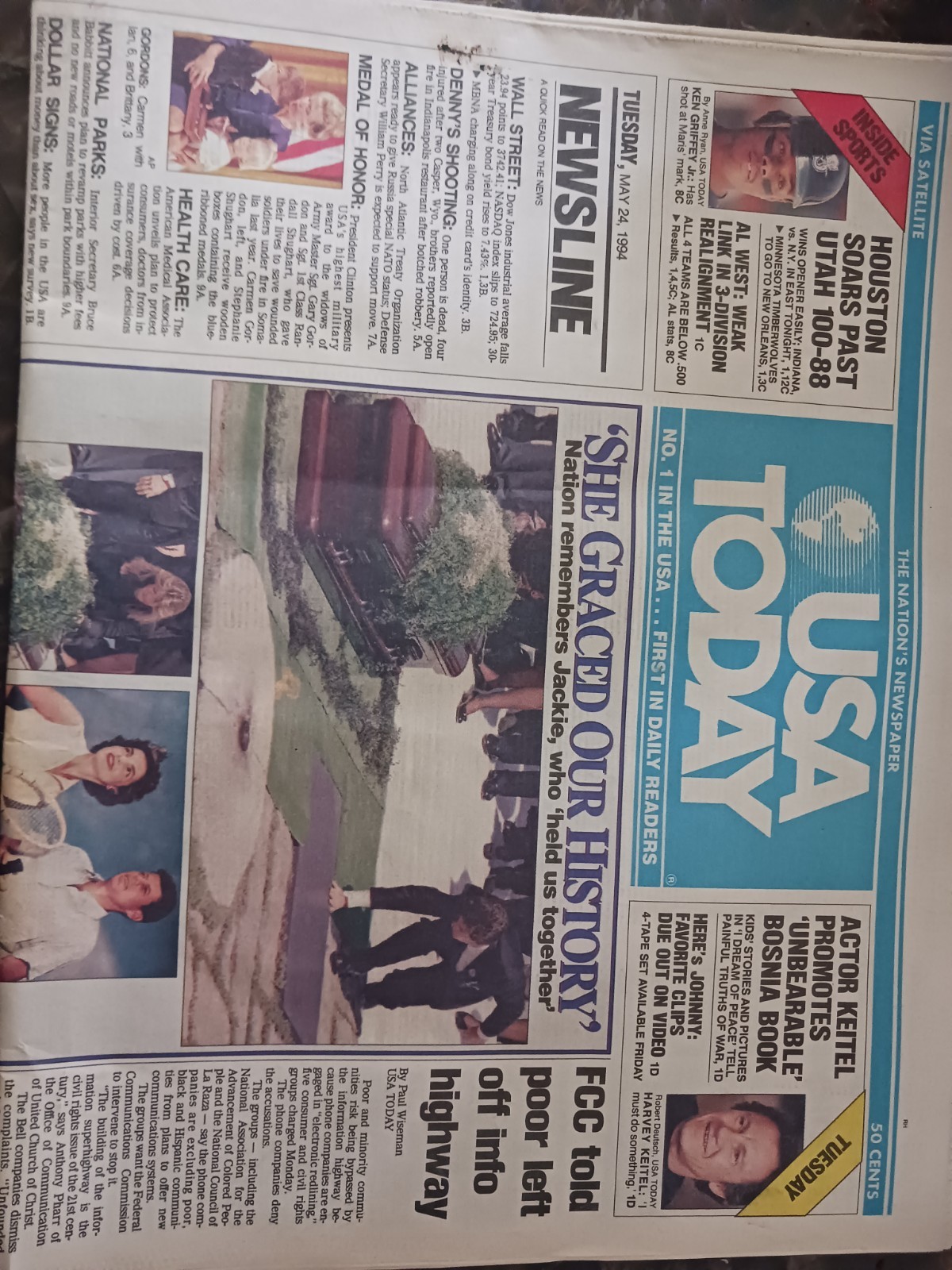 Jackie Kennedy Death Newspaper USA Today May 24 1994. Good Condition Jackie Kennedy Death Newspaper USA Today May 24 1994. Good Condition