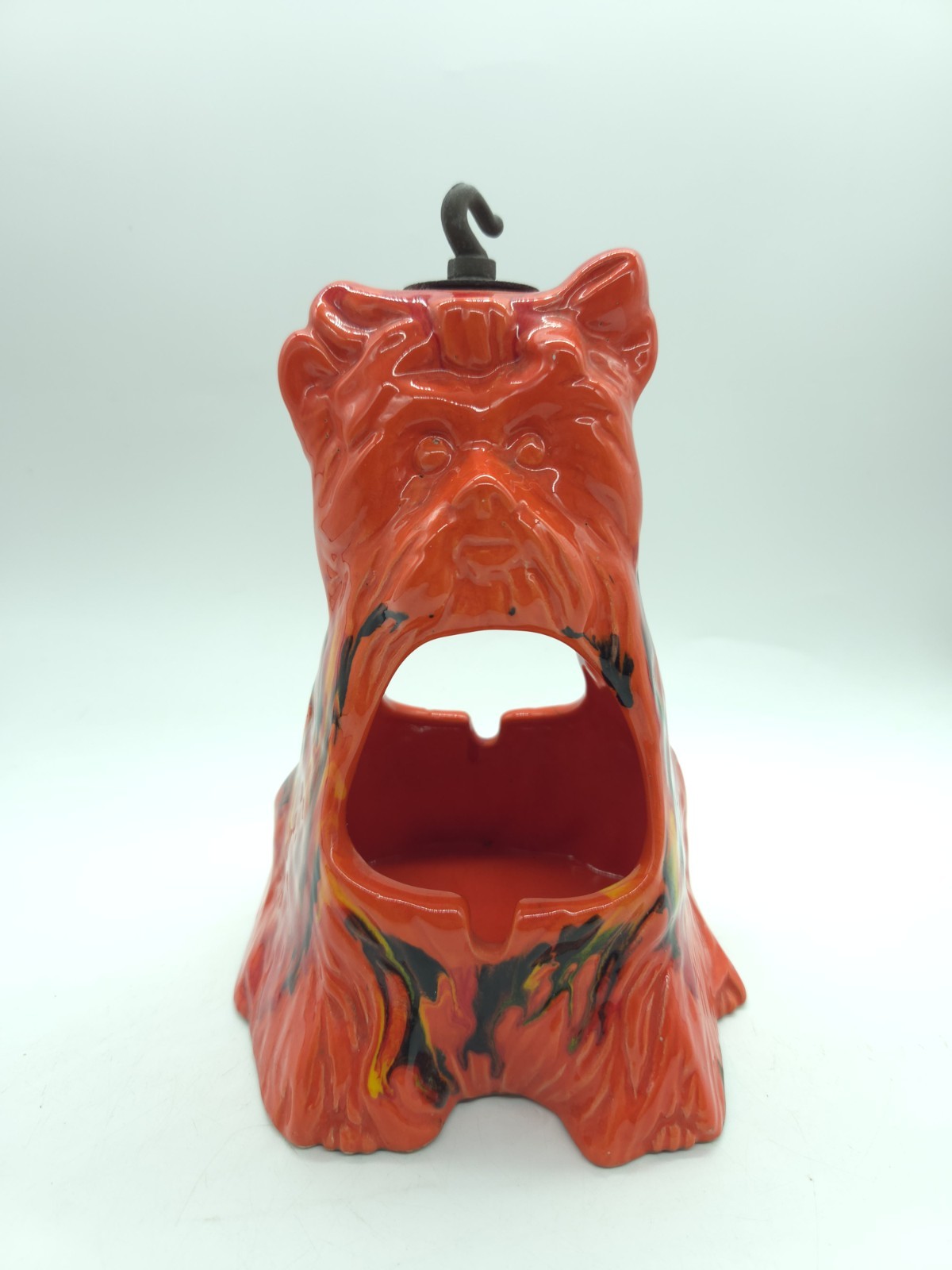 Vintage Mid-century Ceramic Hanging Dog Ashtray Atomic Orange Drip Glaze Vintage Mid-century Ceramic Hanging Dog Ashtray Atomic Orange Drip Glaze