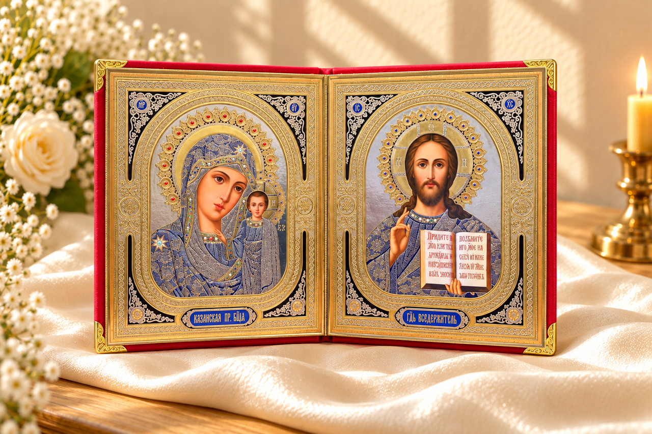 Christ the Teacher Virgin of Kazan Orthodox Icon Diptych Catholic Wedding Set