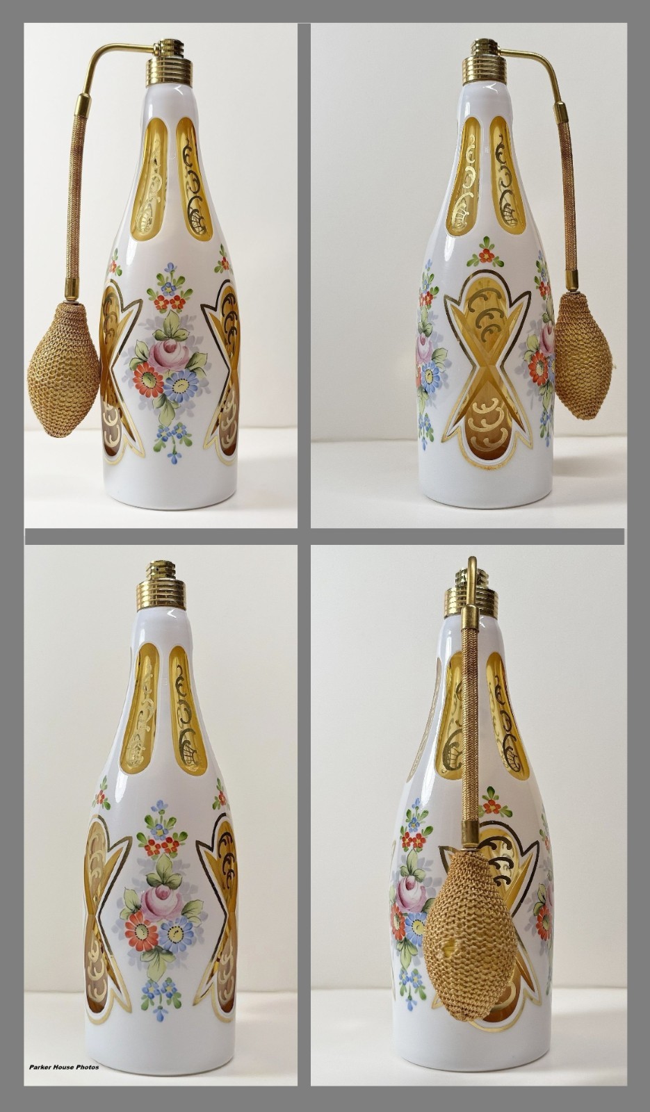 Mid Century Perfume Atomizer-Cased Cut to Amber-Hand Painted-Bohemian Style-1955 Mid Century Perfume Atomizer-Cased Cut to Amber-Hand Painted-Bohemian Style-1955